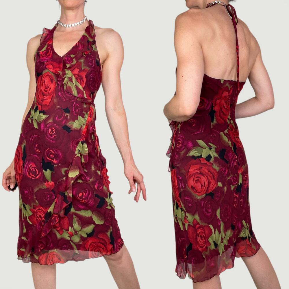 bebe 100% silk rose floral print halter‎ slip dress slipdress fairy roses red S - Picture 3 of 16
